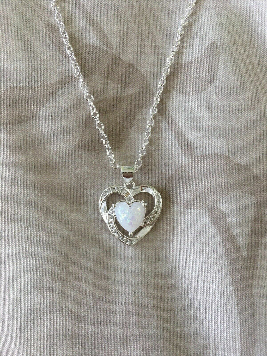Women Silver Plated Opal Heart Pendant Necklace 18” Lab-Created
