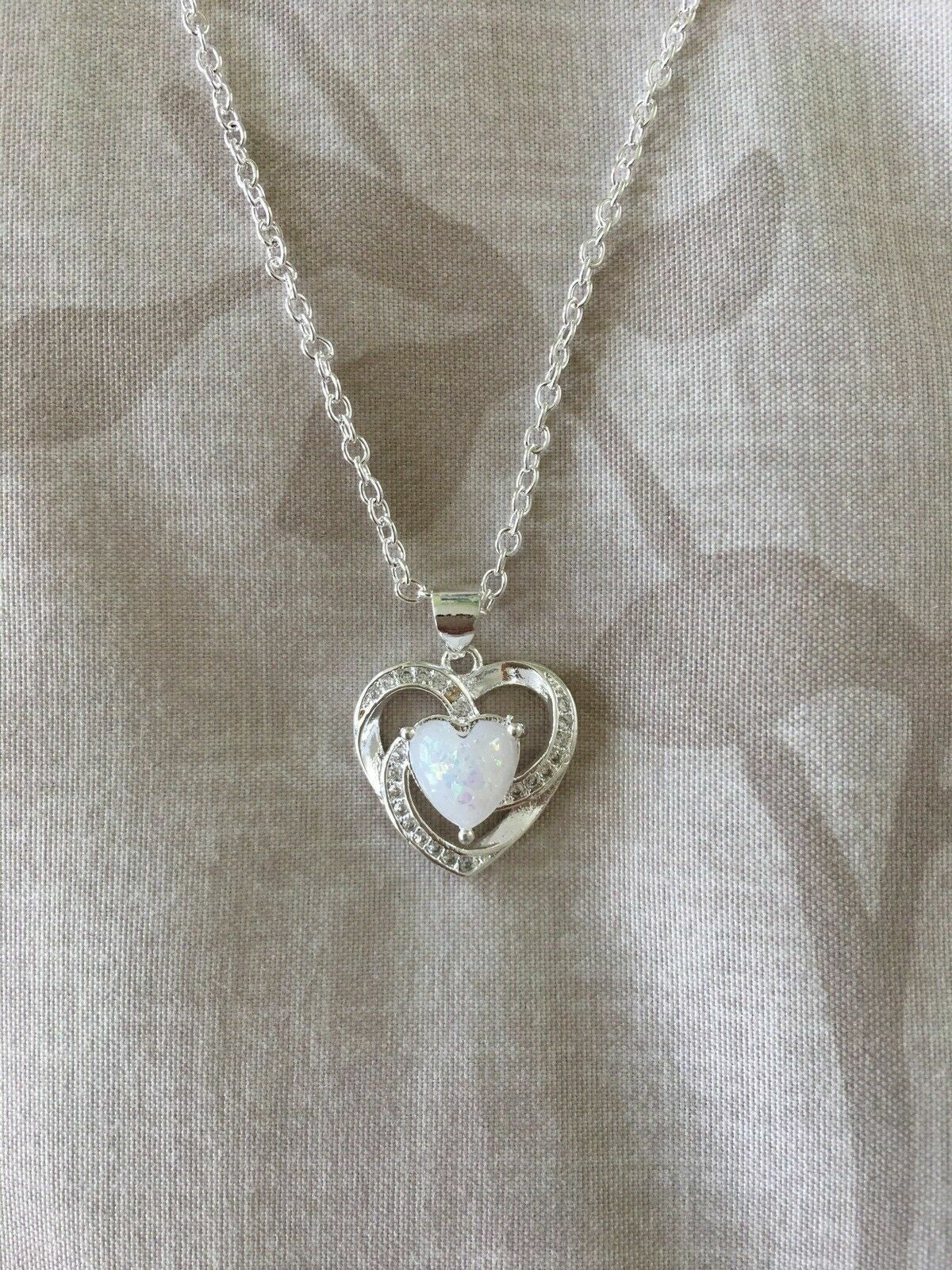 Women Silver Plated Opal Heart Pendant Necklace 18” Lab-Created
