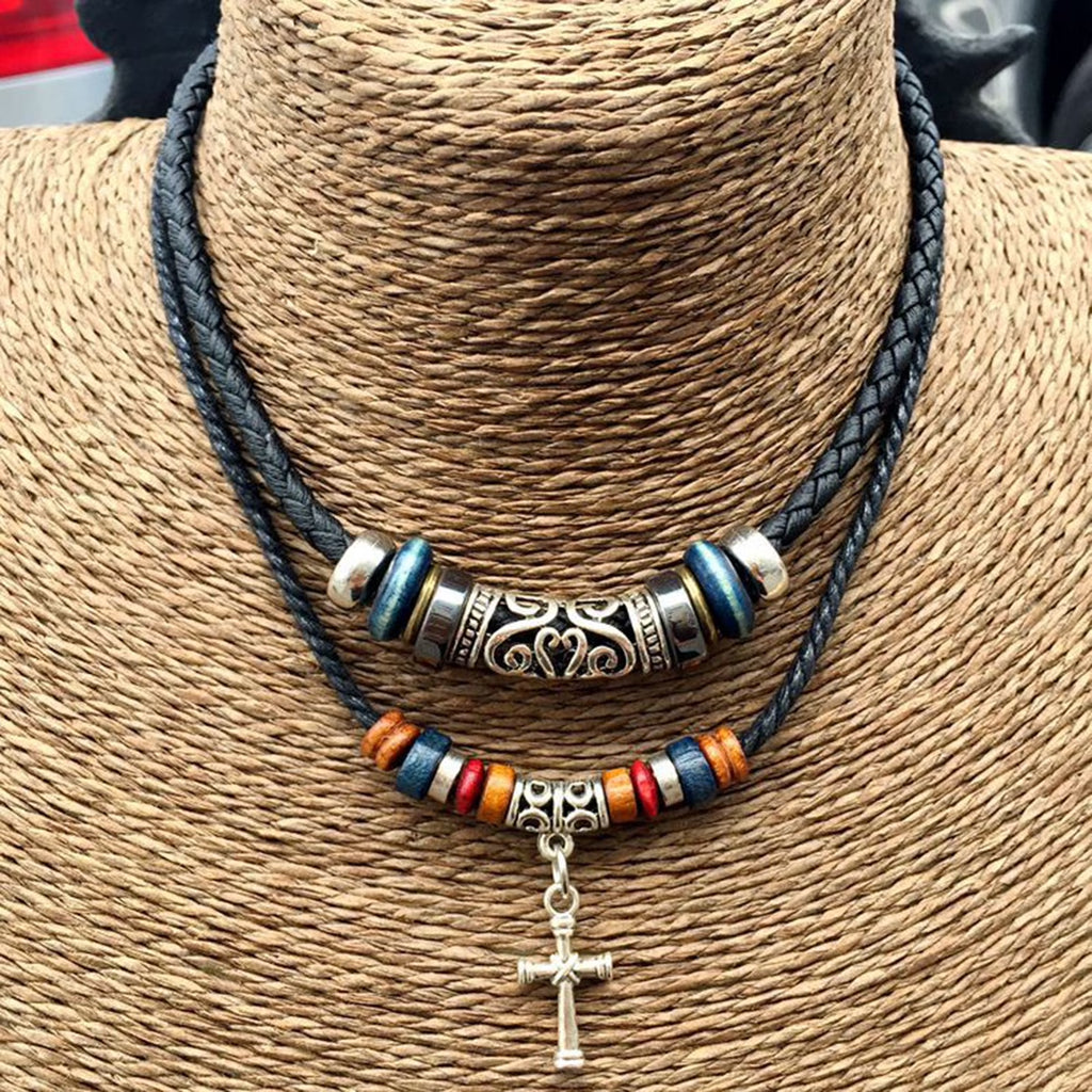 Vintage Tribal Boho Leather Necklace Hipppie Double Layer Cross Beaded Necklace