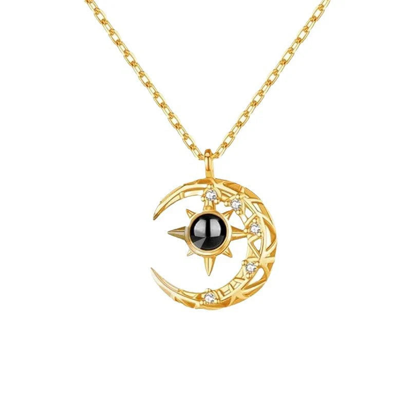 Enchanting Crescent Moon Projection Necklace with Personalized Photo Pendant