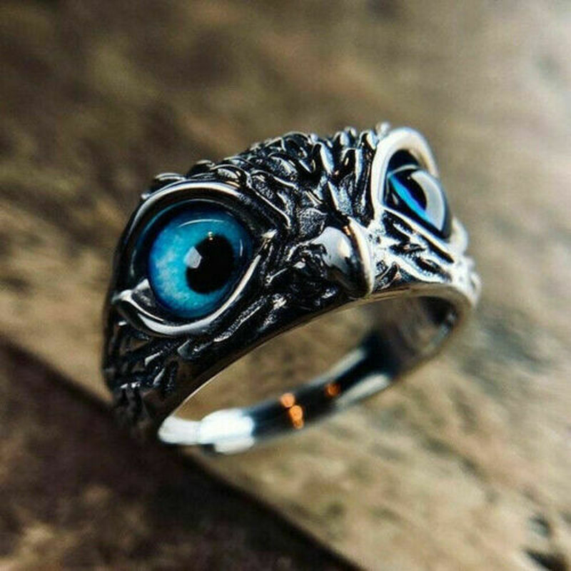 Silver Plated Blue Eye Owl Ring Women Jewelry Rings Adjustable Lab-Created