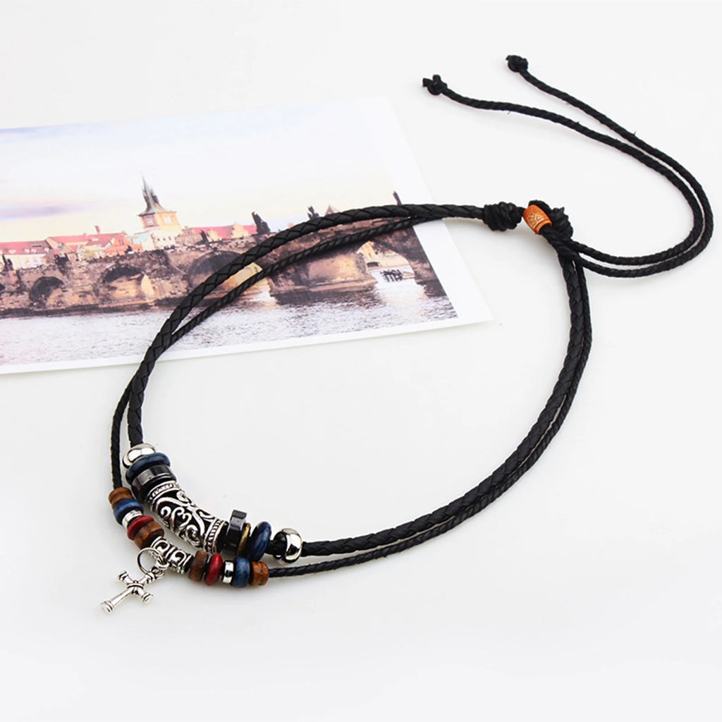 Vintage Tribal Boho Leather Necklace Hipppie Double Layer Cross Beaded Necklace