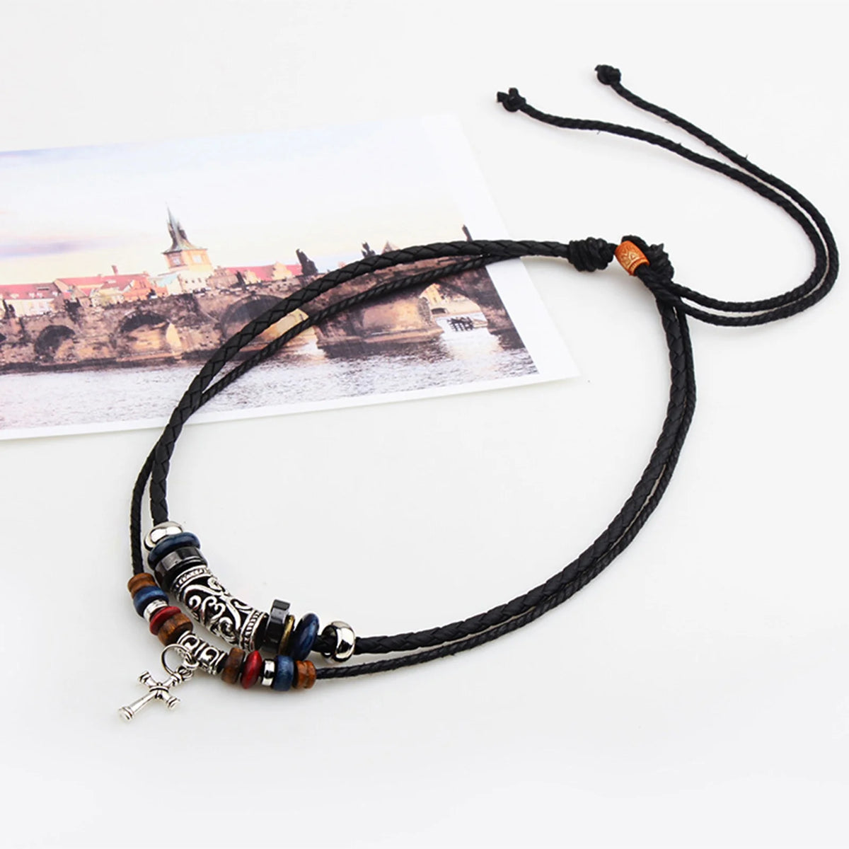 Vintage Tribal Boho Leather Necklace Hipppie Double Layer Cross Beaded Necklace
