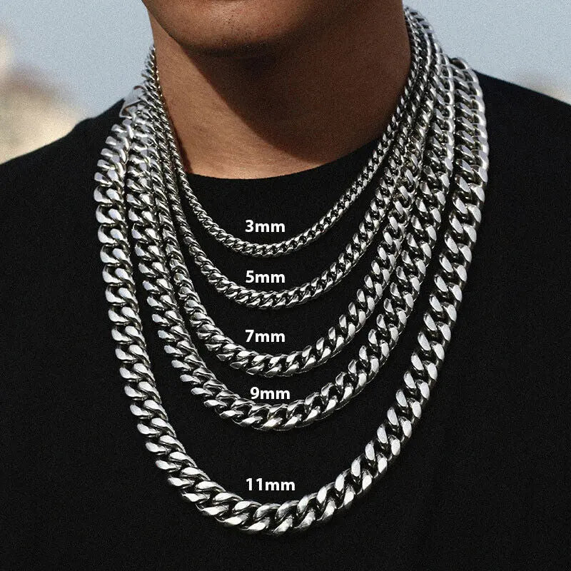 Stylish Stainless Steel Cuban Curb Chain Necklace for Men & Women - Available in 3/5/7/9/11mm Sizes