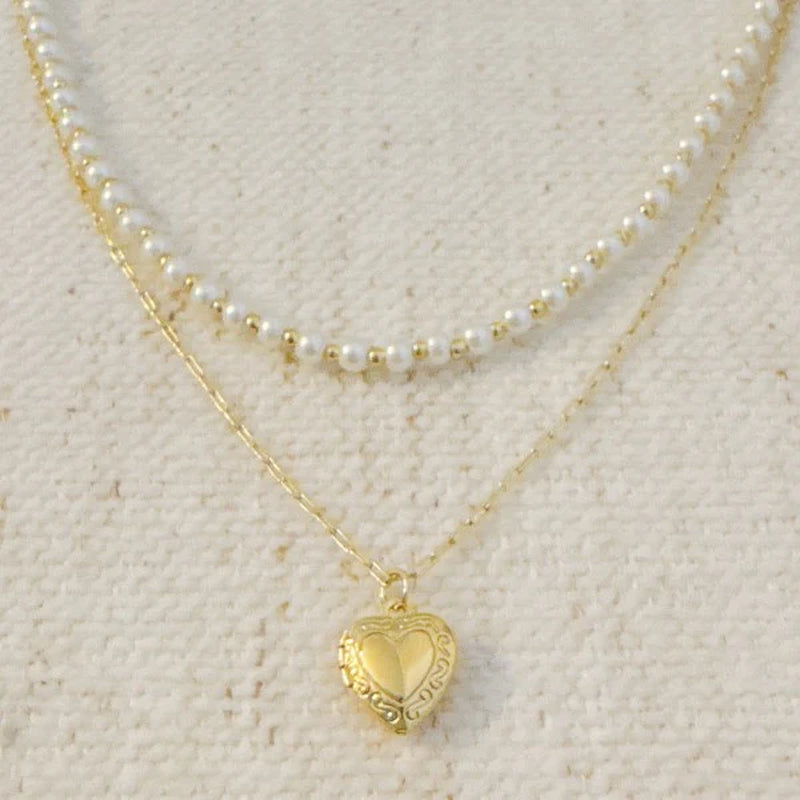 Elegant Pearls & Heart Locket Layered Necklace