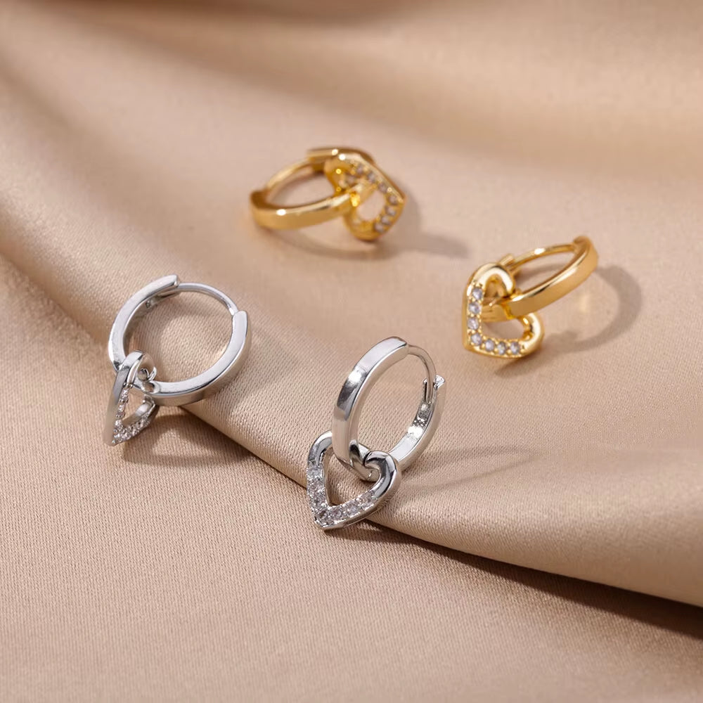 Elegant Gold Hollow Zircon Heart Earrings - Luxury Stainless Steel Jewelry Gift for Women with Free Shipping
