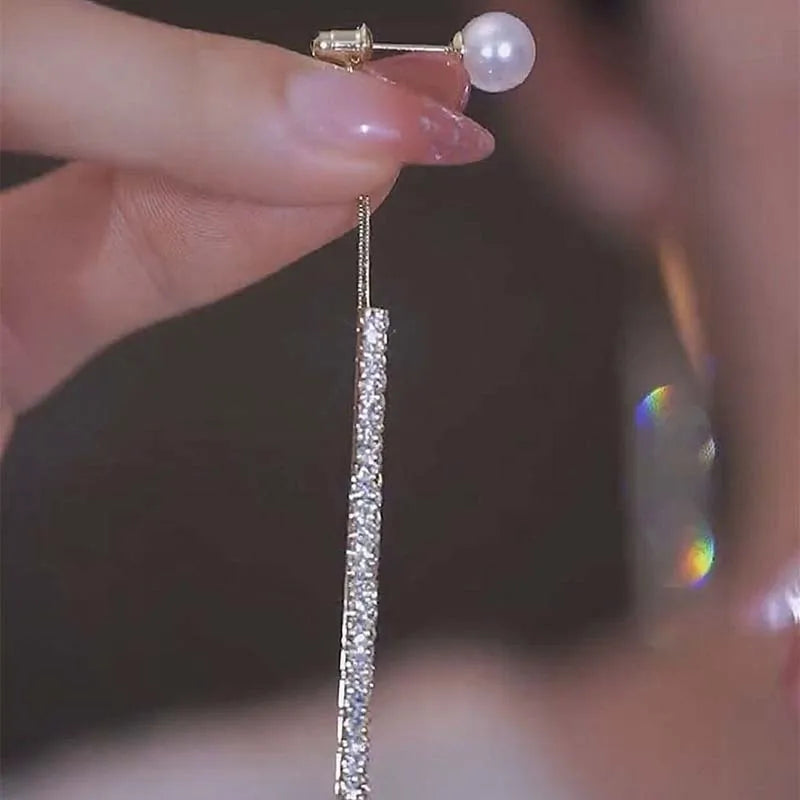Luxury Korean Long Tassel Pearl Dangle Earrings with Rhinestones - Perfect for Weddings and Parties