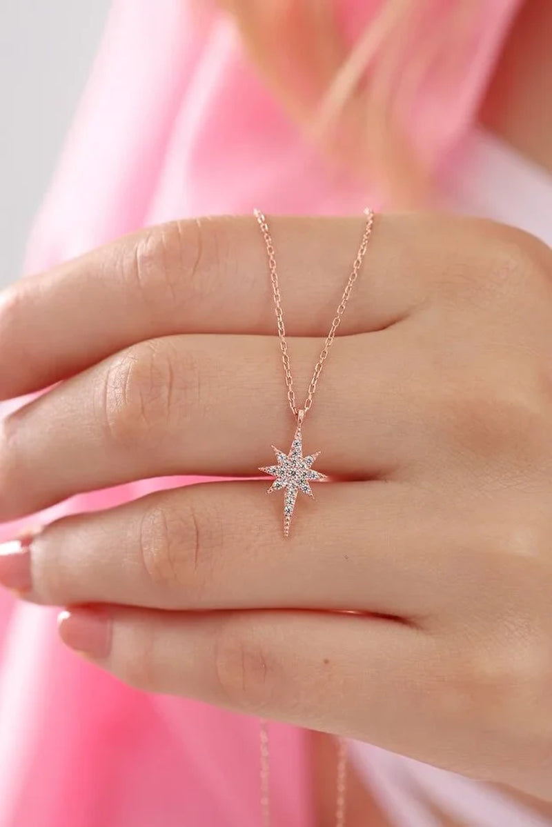 Elegant Rose Gold Plated 925 Sterling Silver North Star Necklace with Sparkling Zircon Stones