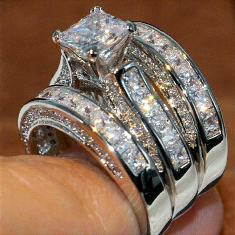 925 Silver Women Fashion 3Pcs/Set Wedding Ring Cubic Zircon Jewelry Sz 6-10