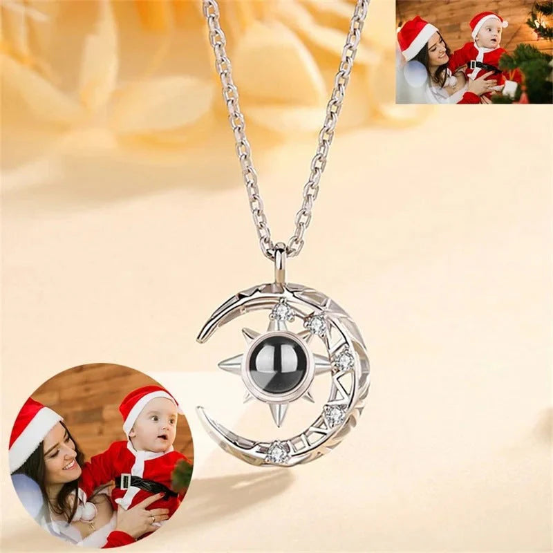 Enchanting Crescent Moon Projection Necklace with Personalized Photo Pendant