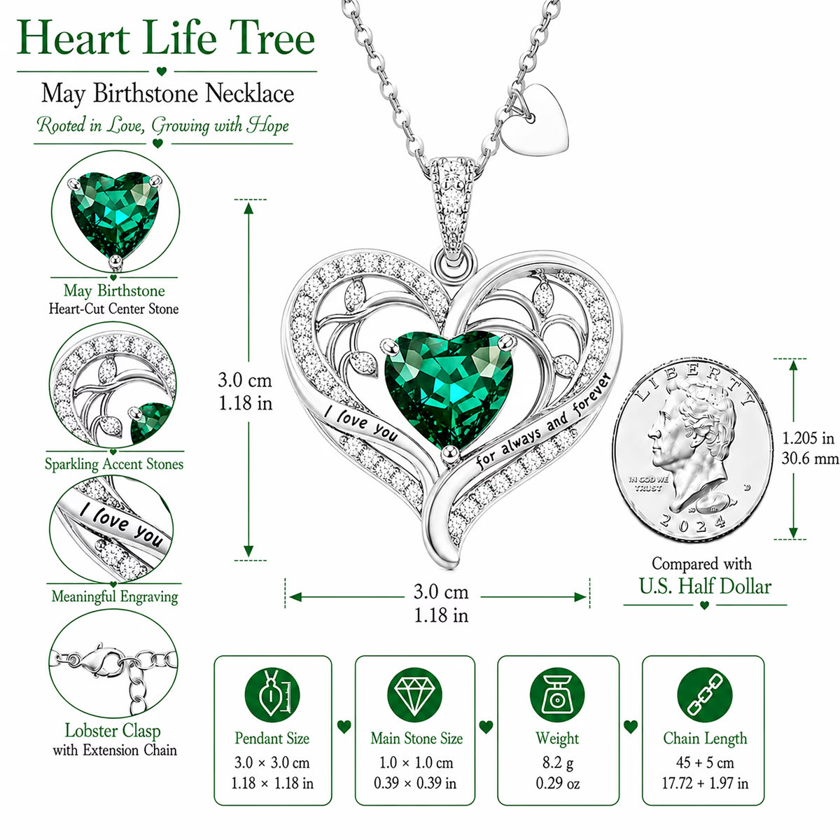 Birthstone Heart Pendant Necklace for Women, Christmas Birthday Anniversary Jewelry Gift