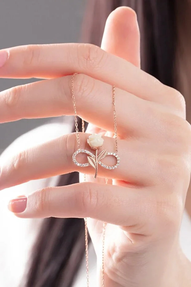 Elegant 925 Sterling Silver Rose Gold Plated Infinity Necklace with Sparkling Zircon Stone and White Rose Design