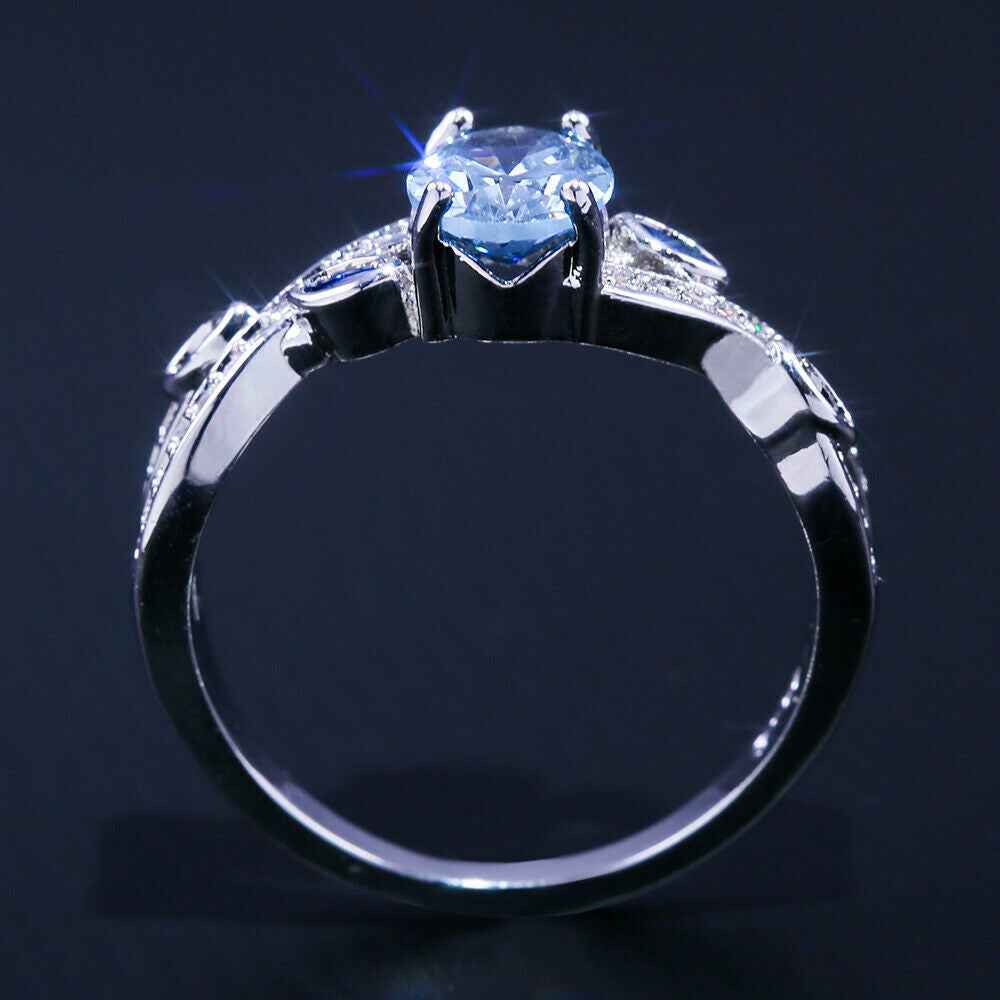 Oval Romantic Cut Aquamarine Women Silver Plated Rings Size 6-10 Simulated Glass