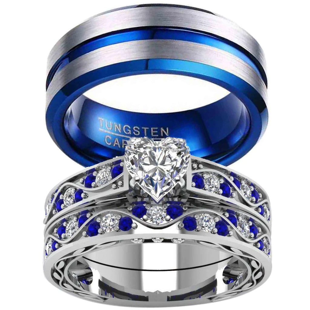 Matching Ring Couple Rings White Gold Plated 1CT CZ Women Wedding Ring Sets Female Ring