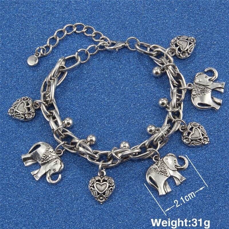 Women Vintage Chain Anklet Elephant Heart Pendant Anklets Beach Foot Bracelets