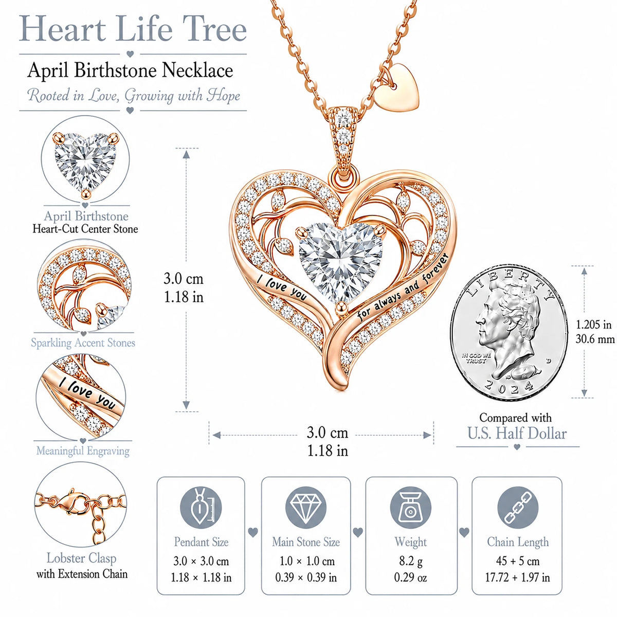 Birthstone Heart Pendant Necklace for Women, Christmas Birthday Anniversary Jewelry Gift
