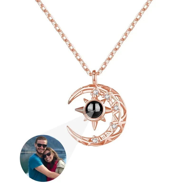 Enchanting Crescent Moon Projection Necklace with Personalized Photo Pendant