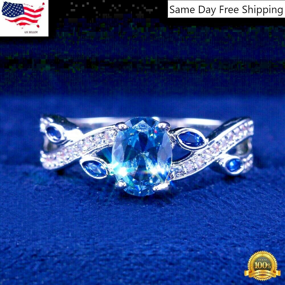 Oval Romantic Cut Aquamarine Women Silver Plated Rings Size 6-10 Simulated Glass