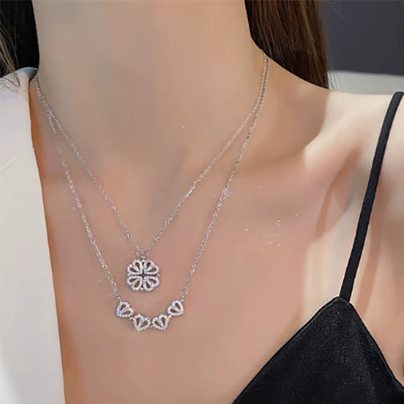 Heart-Shaped Four Leaf Clover Pendant Necklace - Zircon Clavicle Chain for Women, Perfect Gift for Love