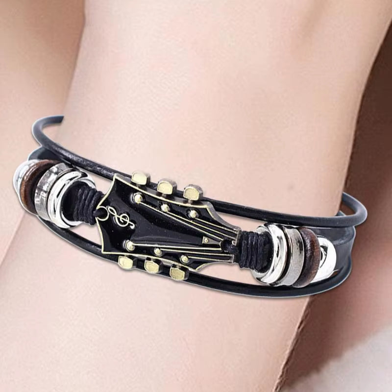 Braided Guitar Bracelet Zinc Alloy Adjustable Buckle Manual Woven Faux Leather 3-Layered Retro Punk Wrist Jewelry Gifts