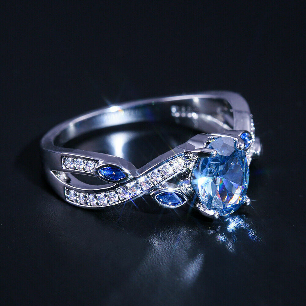 Oval Romantic Cut Aquamarine Women Silver Plated Rings Size 6-10 Simulated Glass