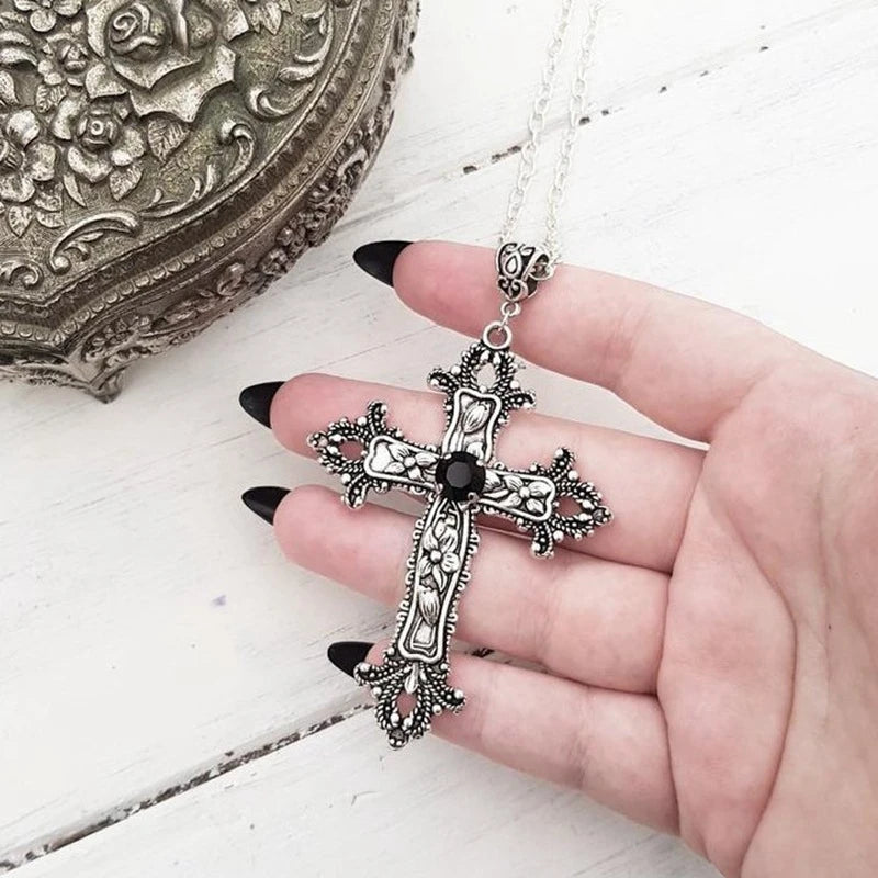 Y2K Punk Crystal Cross Pendant Necklace - Irregular Gothic Clavicle Chain for Men & Women