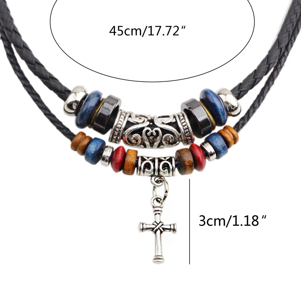Vintage Tribal Boho Leather Necklace Hipppie Double Layer Cross Beaded Necklace