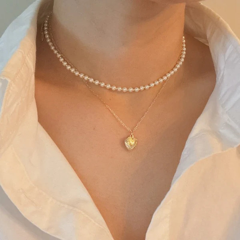 Elegant Pearls & Heart Locket Layered Necklace