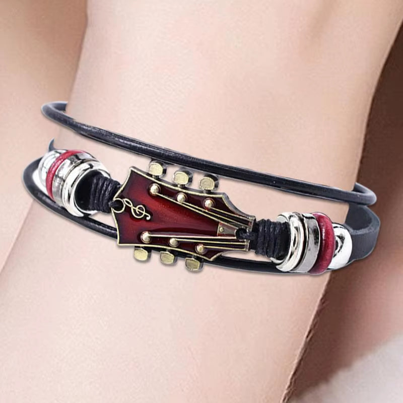 Braided Guitar Bracelet Zinc Alloy Adjustable Buckle Manual Woven Faux Leather 3-Layered Retro Punk Wrist Jewelry Gifts