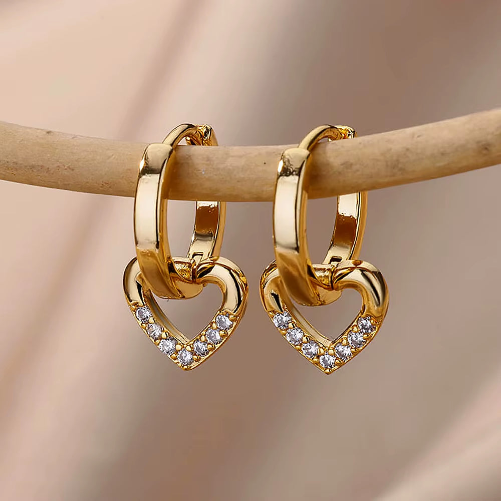 Elegant Gold Hollow Zircon Heart Earrings - Luxury Stainless Steel Jewelry Gift for Women with Free Shipping