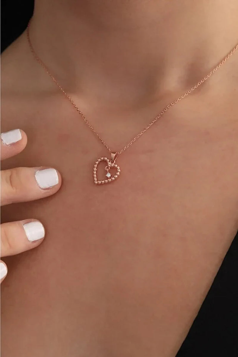 Elegant 925 Sterling Silver Rose Gold Heart Solitaire Necklace with Sparkling White Zircon
