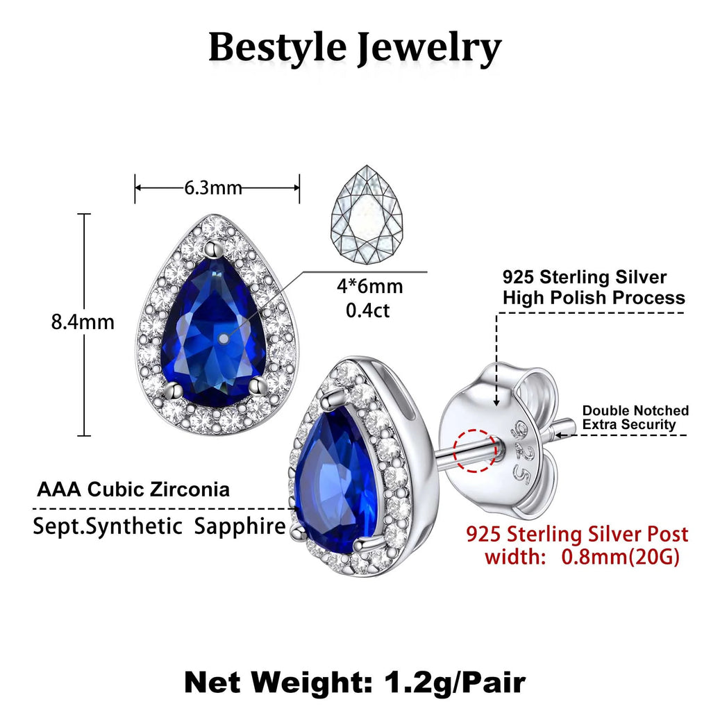 925 Sterling Silver Birthstone Stud Earrings for Women, Sparking September Teardrop Cut Diamond Earrings for Sensitive Ears