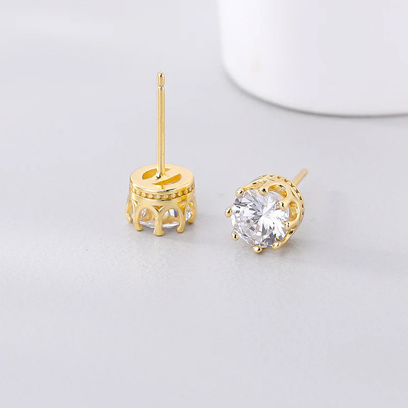 Stunning 1 Karat Gold Plated Crown-Shaped Zircon Stud Earrings
