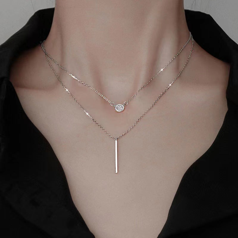 S925 Silver Color Double Chain Long Stick Micro Pave Zircon round Pendant Necklaces for Women Trendy Jewelry