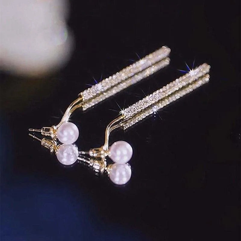 Luxury Korean Long Tassel Pearl Dangle Earrings with Rhinestones - Perfect for Weddings and Parties