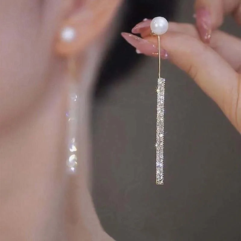 Luxury Korean Long Tassel Pearl Dangle Earrings with Rhinestones - Perfect for Weddings and Parties