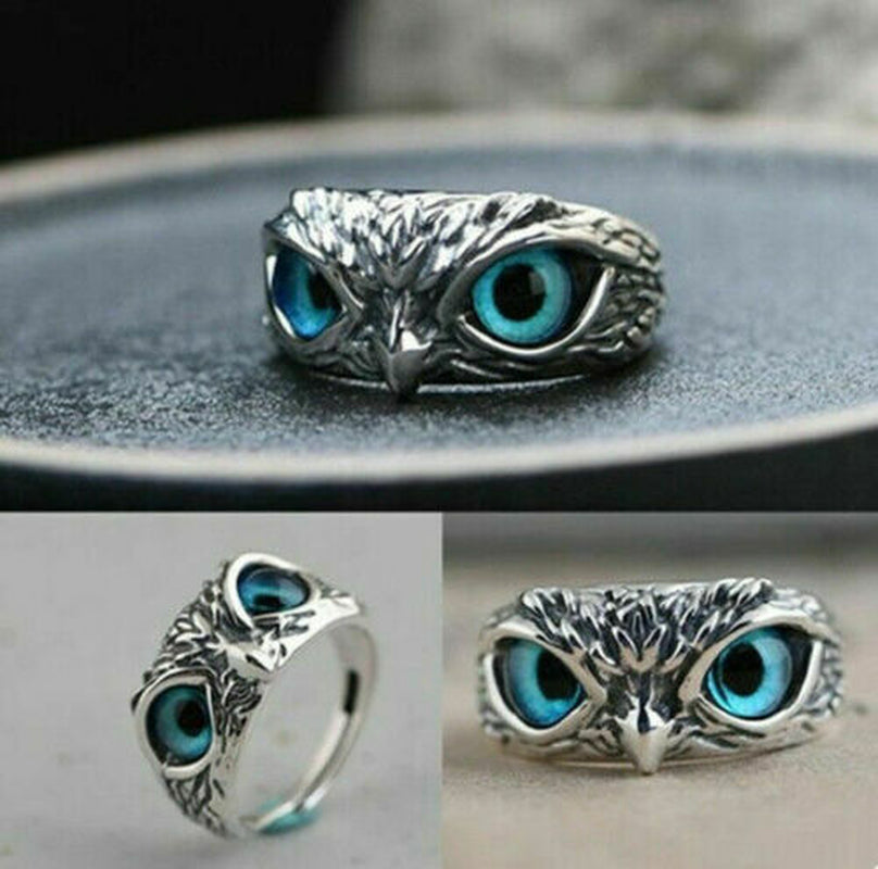 Silver Plated Blue Eye Owl Ring Women Jewelry Rings Adjustable Lab-Created