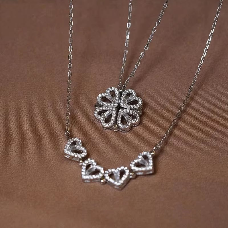 Heart-Shaped Four Leaf Clover Pendant Necklace - Zircon Clavicle Chain for Women, Perfect Gift for Love