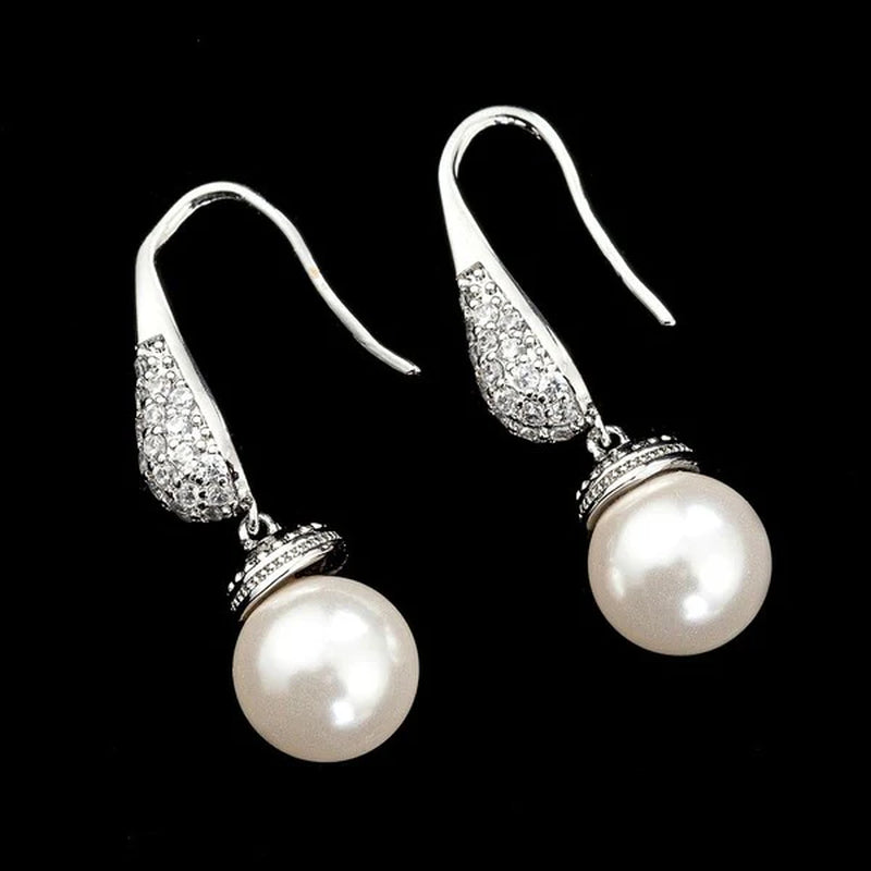 Elegant Bridal Pearl and Cubic Zirconia Dangle Earrings