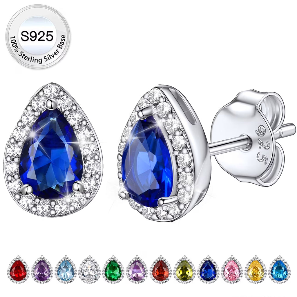 925 Sterling Silver Birthstone Stud Earrings for Women, Sparking September Teardrop Cut Diamond Earrings for Sensitive Ears