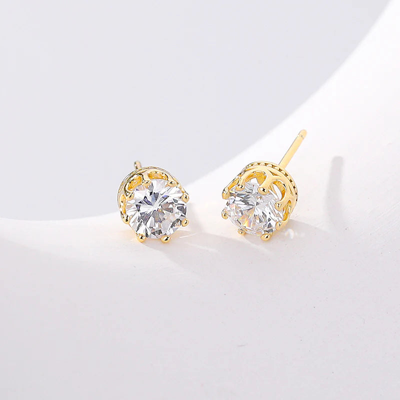 Stunning 1 Karat Gold Plated Crown-Shaped Zircon Stud Earrings