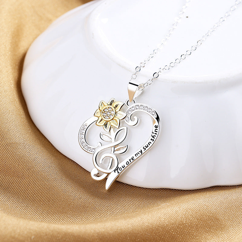 Pastoral Style Two-Color Sunflower Pendant Trend Heart Clavicle Chain