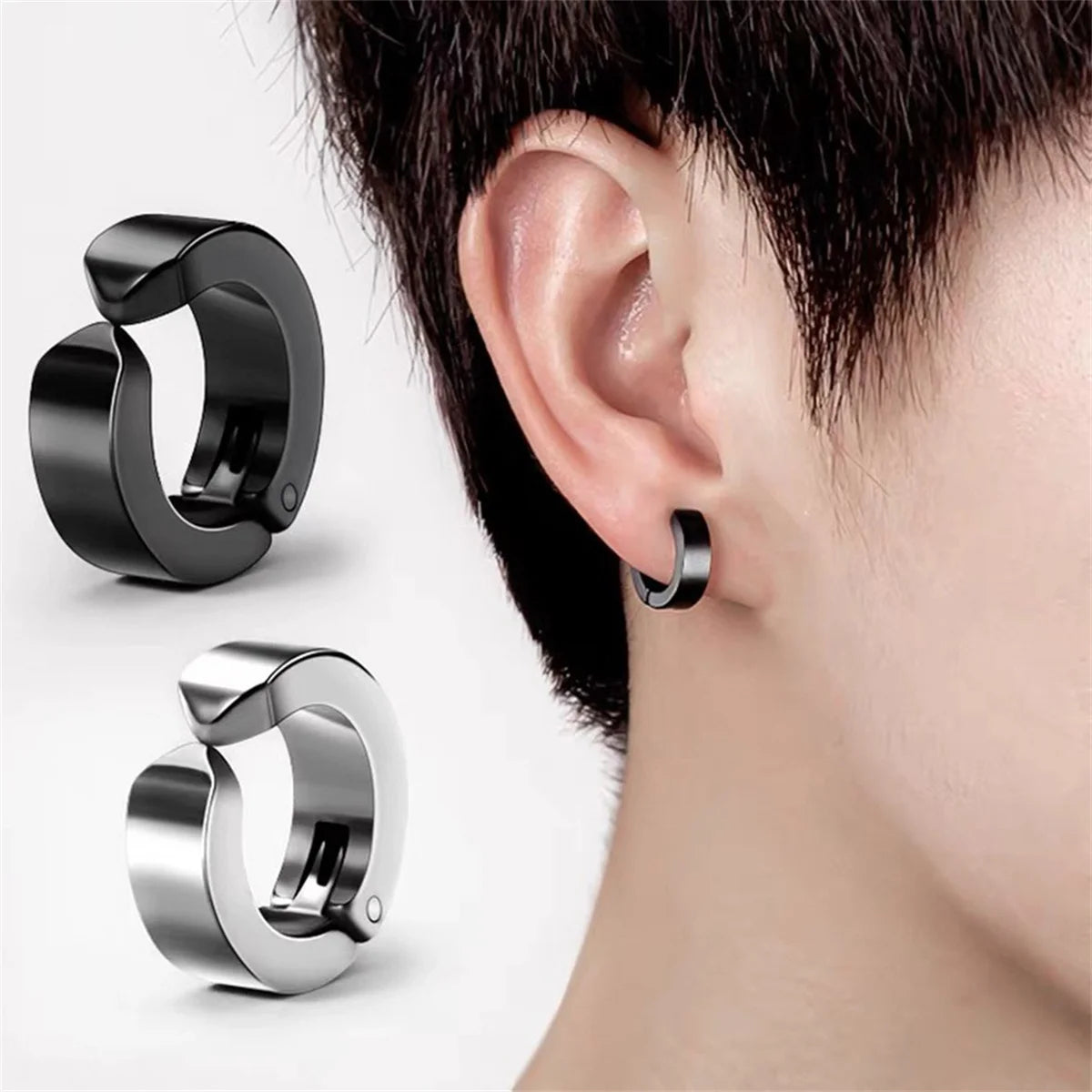 Stylish 2Pcs Non-Piercing Stainless Steel Cuff Hoop Earrings - Fake Piercing Clip-On Design