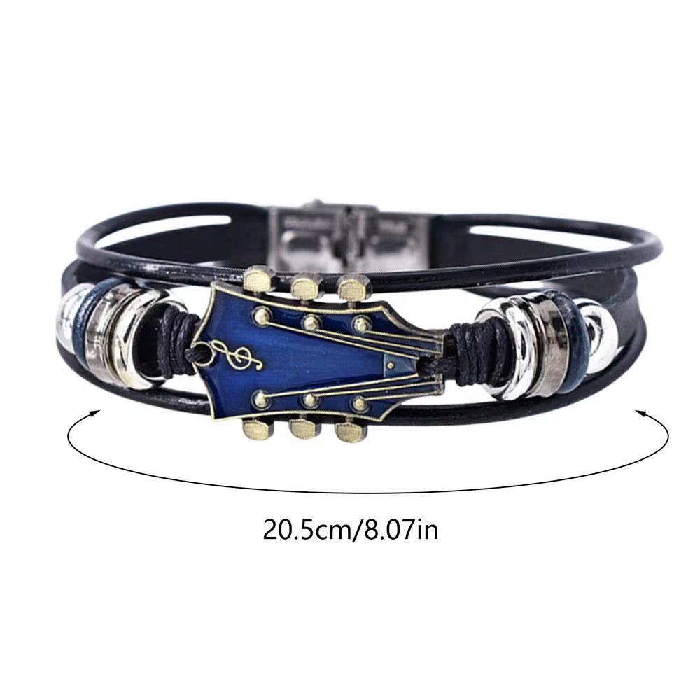 Braided Guitar Bracelet Zinc Alloy Adjustable Buckle Manual Woven Faux Leather 3-Layered Retro Punk Wrist Jewelry Gifts