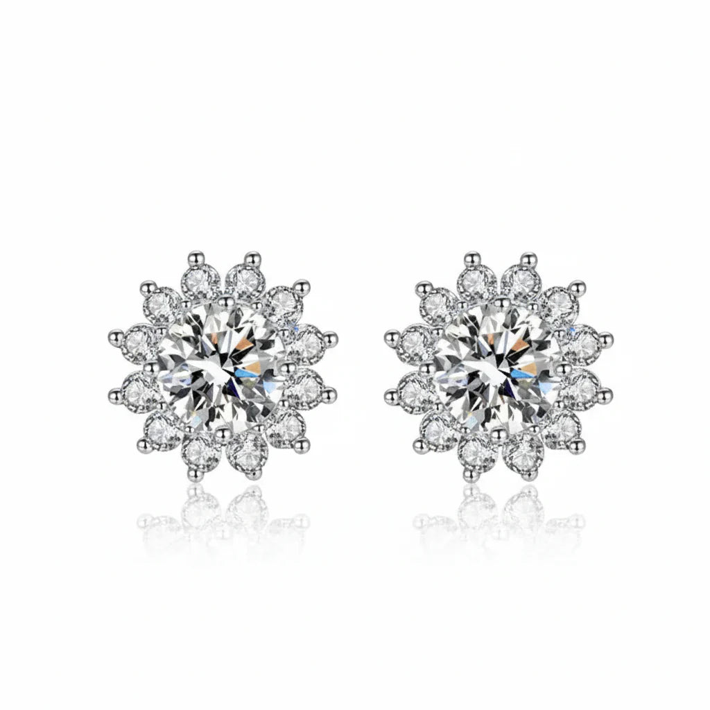 Stunning 1CT Moissanite Sunflower Stud Earrings in 925 Sterling Silver - D Color VVS1 Wedding Jewelry Gift for Her