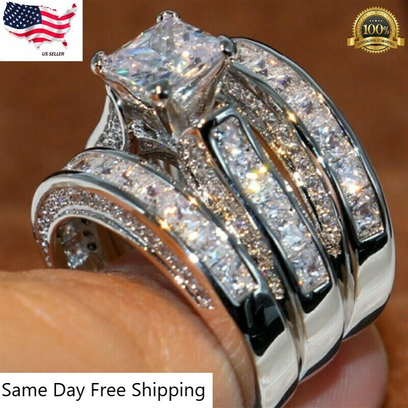 925 Silver Women Fashion 3Pcs/Set Wedding Ring Cubic Zircon Jewelry Sz 6-10