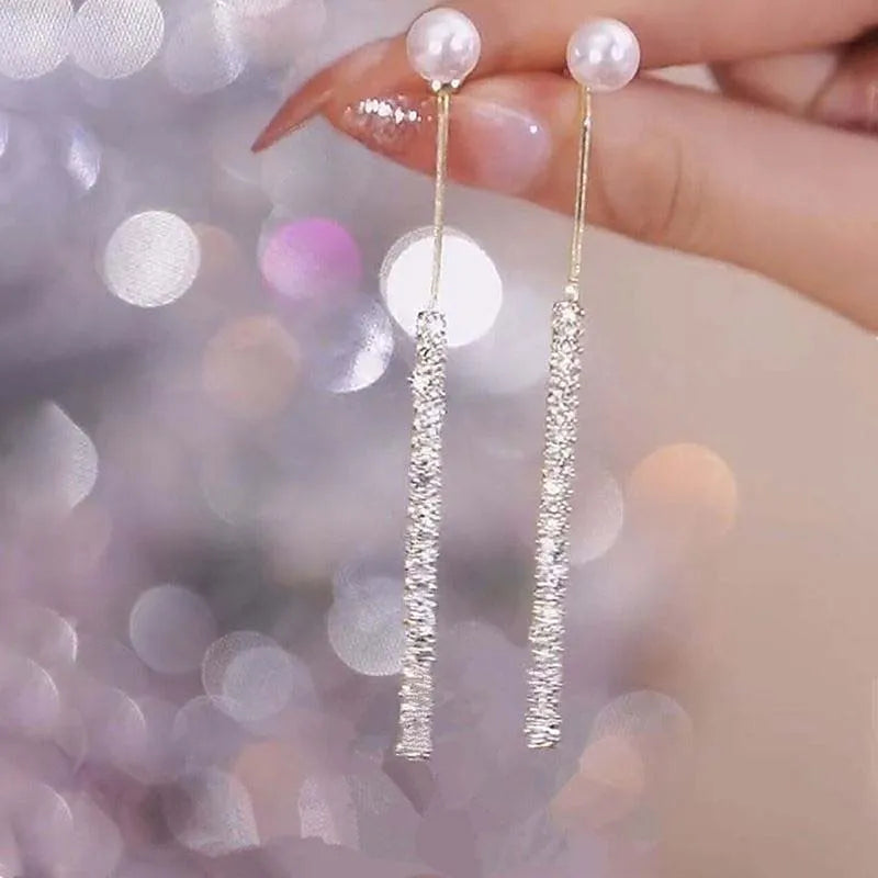 Luxury Korean Long Tassel Pearl Dangle Earrings with Rhinestones - Perfect for Weddings and Parties