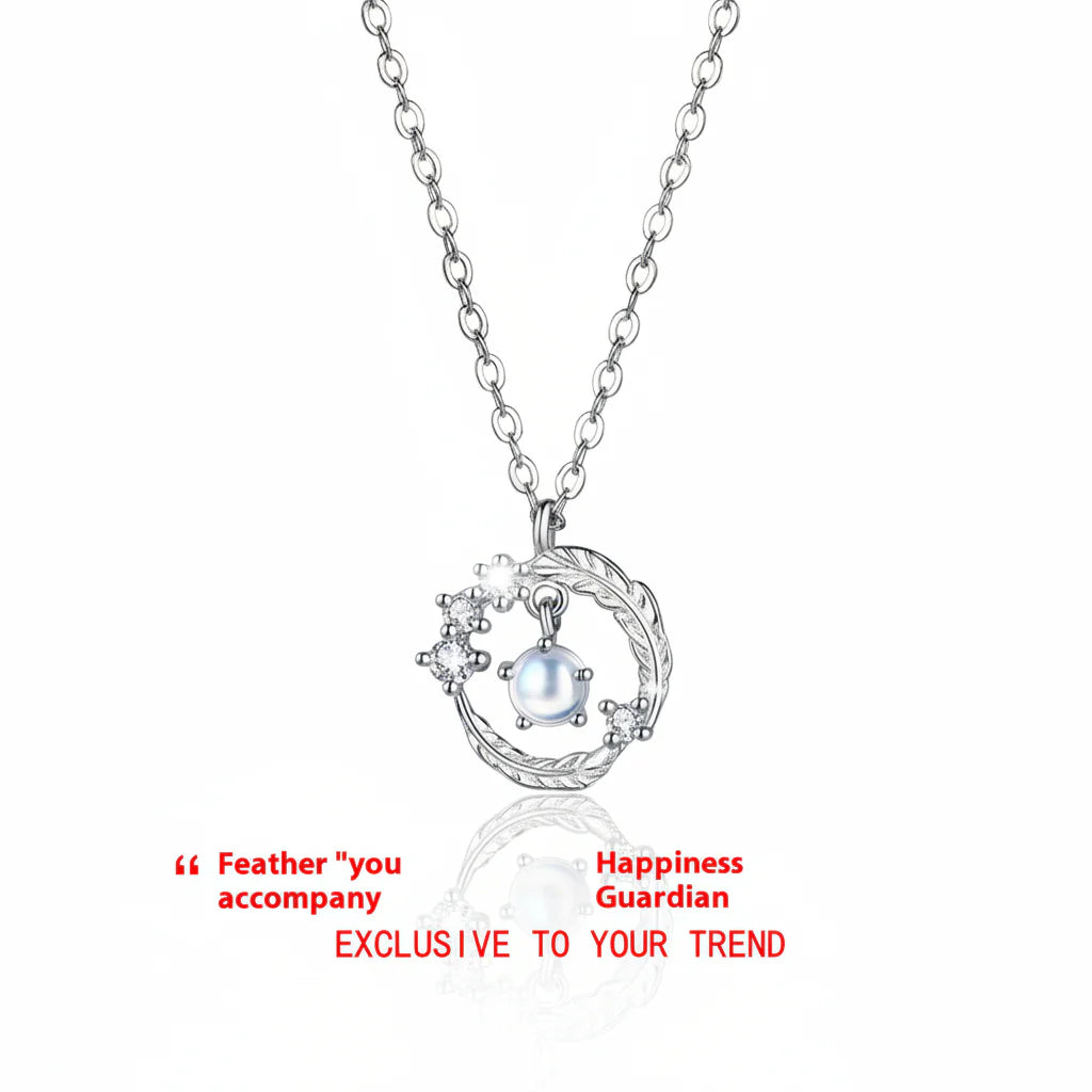 Elegant Moonstone Feather Pendant Necklace in 925 Silver