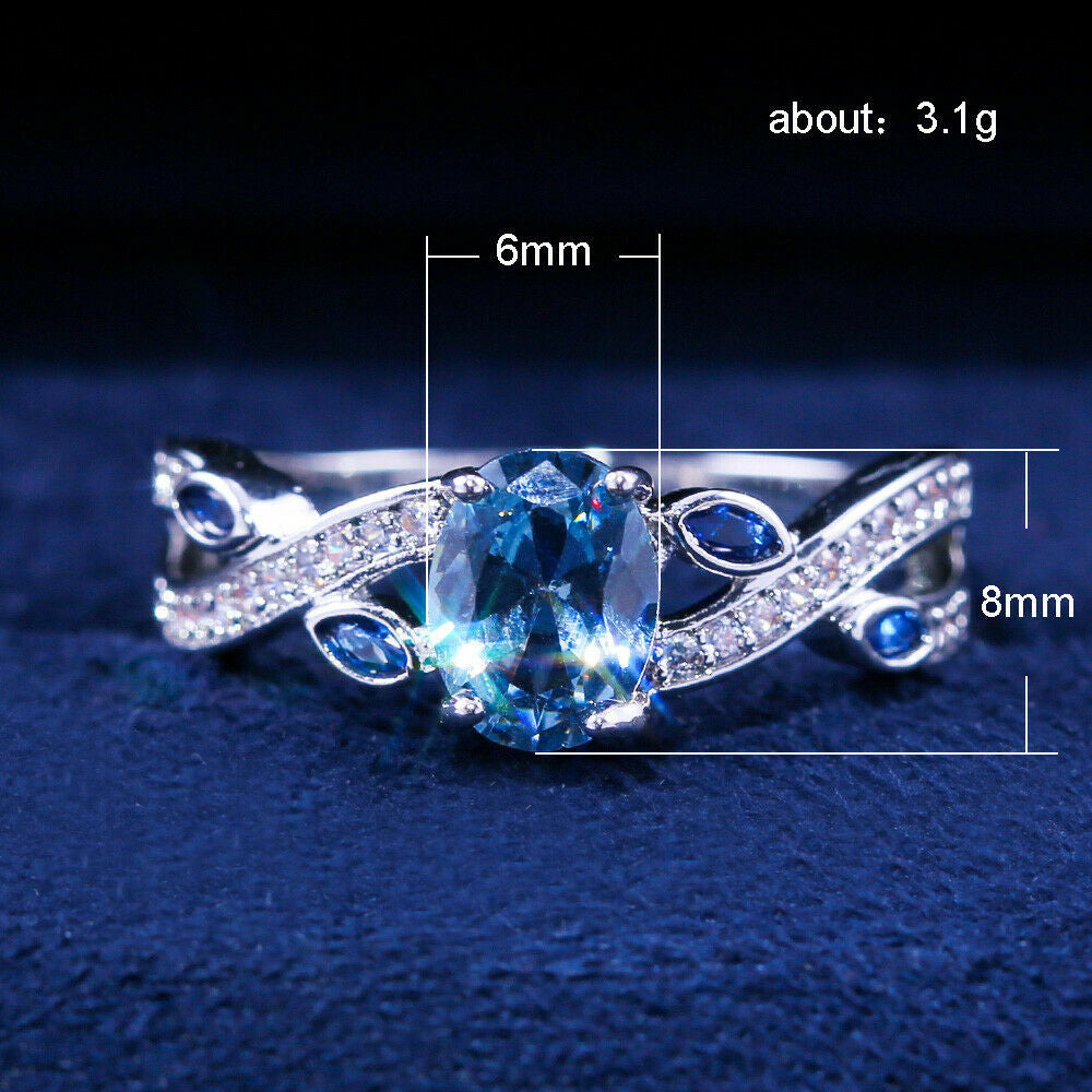 Oval Romantic Cut Aquamarine Women Silver Plated Rings Size 6-10 Simulated Glass