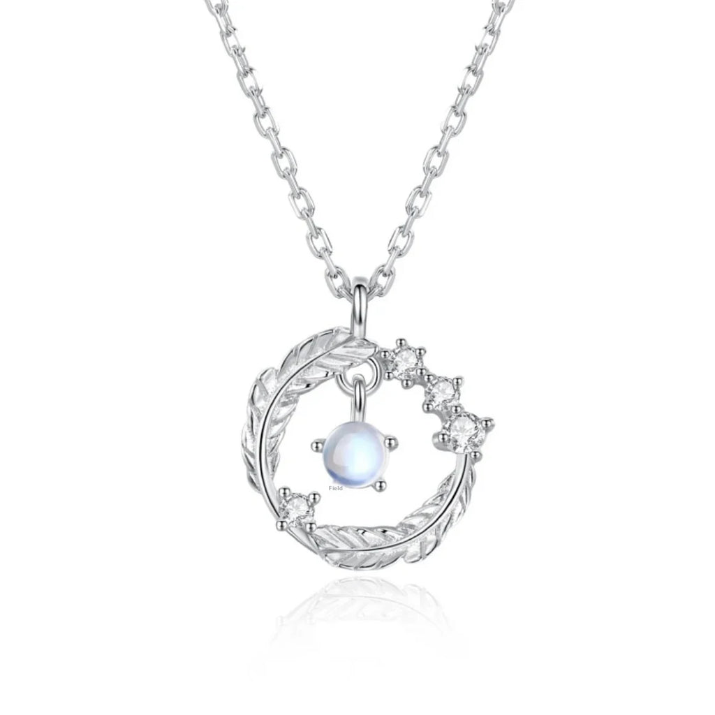 Elegant Moonstone Feather Pendant Necklace in 925 Silver